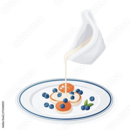 Cottage cheese pancakes or syrniki or souffle pancakes served on plate with fresh blueberries and condensed milk. Food for breakfast. Flat vector