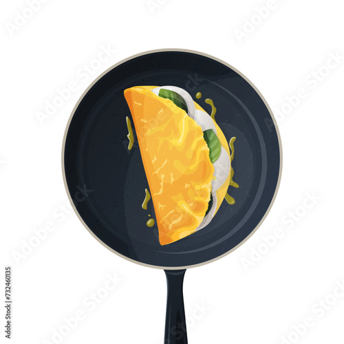 Vector illustration of an omelette with mozzarella slices and basil in a pan.
