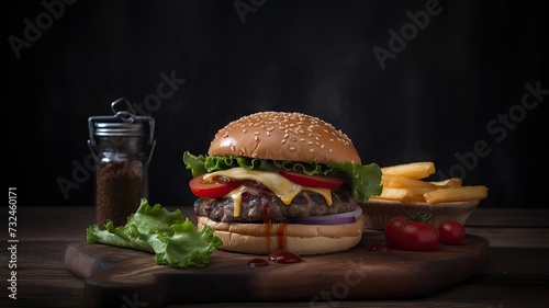 AI generated illustration of a delicious juicy classic burger on a wooden board