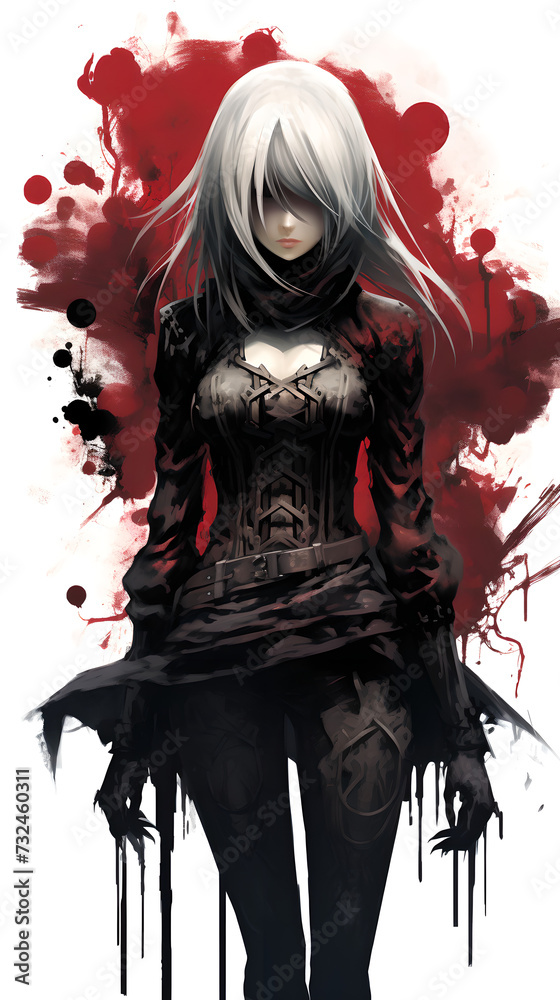 Fantasy female character with white hair in black dress, red and black ink splashes on a white background