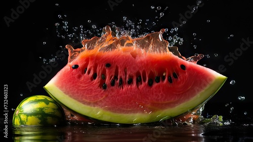AI generated illustration of a bright red slice of watermelon being with splashing liquid