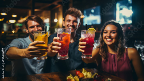 Group of friends enjoying cocktails at a bar with a cheerful atmosphere
