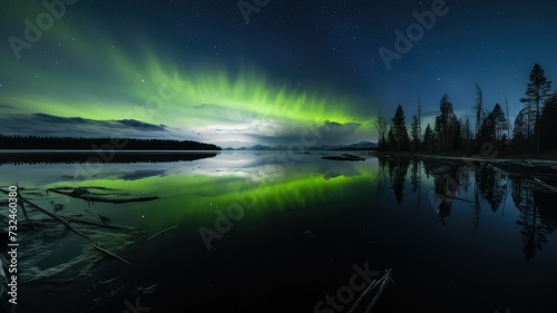 AI generated illustration of stunning Aurora borealis in the night sky over a lake