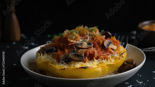 AI generated illustration of a squash stuffed with minced meat, mushrooms and cheese