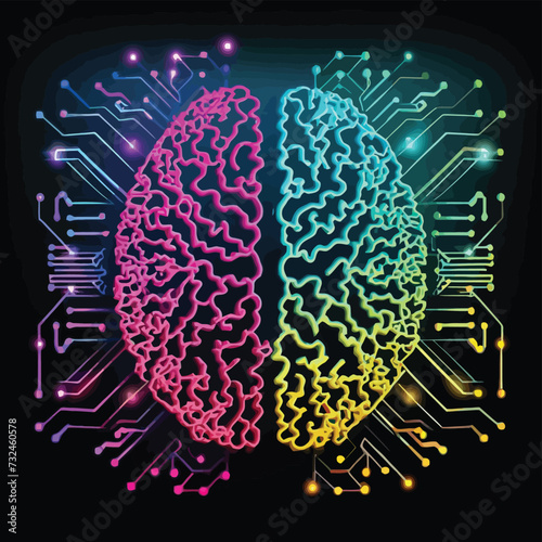 illustrations vector Human brain, technology, neural development, artificial intelligence, and human mind development
