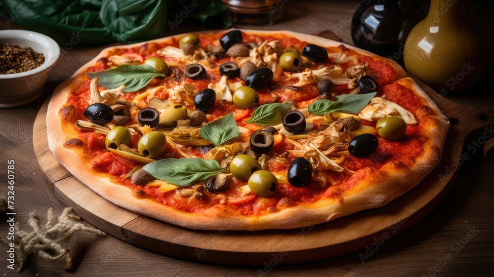 AI generated illustration of a delicious pizza with olive toppings