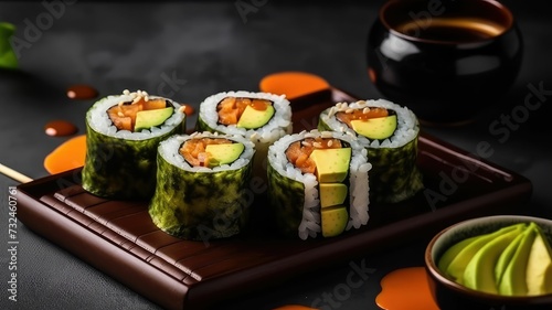 AI generated illustration of delicious gourmet sushi rolls