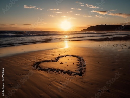 AI generated illustration of A beautiful golden sunset at the beach,a heart shape drawn in the sand