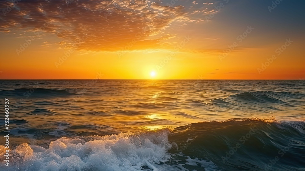 Obraz premium AI generated illustration of a stunning sunset on the ocean horizon with waves rolling