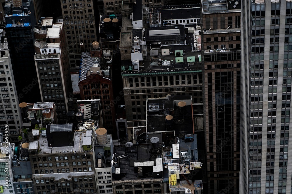 Aerial view of a bustling cityscape featuring an array of tall, modern buildings. New York, USA.