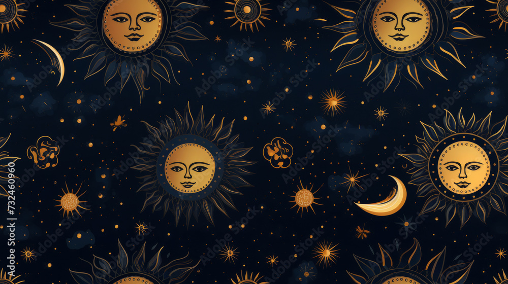 Celestial pattern with suns, moons, and stars on a dark background ...