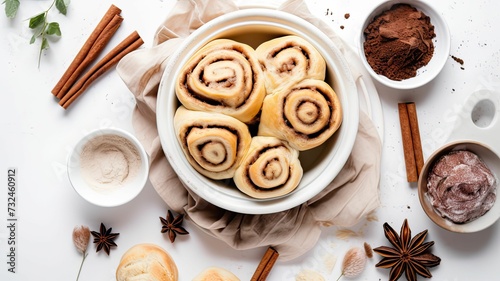 AI generated illustration of freshly-baked cinnamon buns on a table, surrounded by various spices