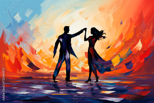 Abstract man and woman silhouetted dancers on bright blurred background.