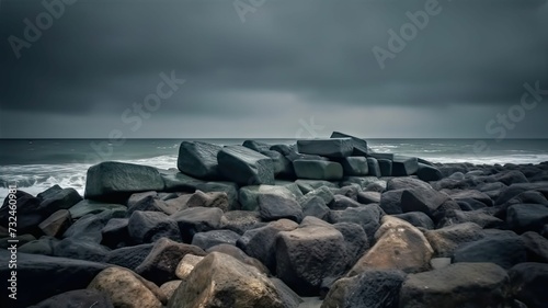 AI generated illustration of a tranquil scene of a beach with a rocky shoreline and calm waters