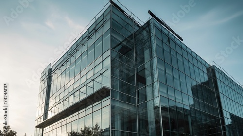 AI generated illustration of a contemporary office building with a glass-fronted facade
