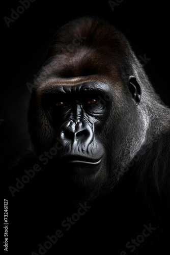AI generated illustration of an adult gorilla illuminated by the dim light of its environment © Wirestock