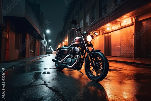 AI generated illustration of a motorcycle parked on a wet asphalt road illuminated by night lights