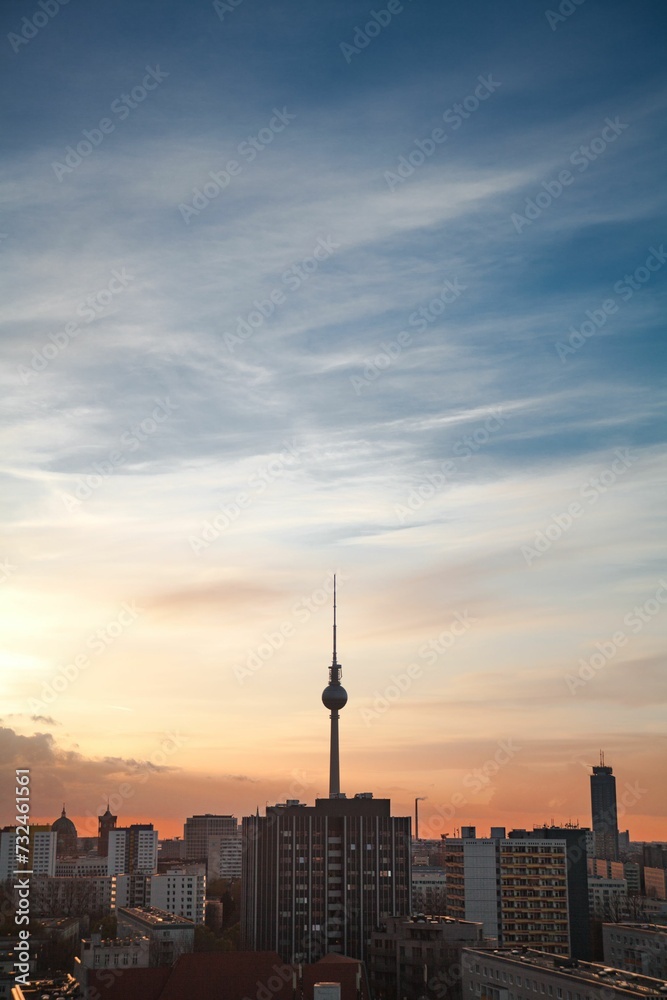 Scenic aerial view of the Berlin skyline at a soft pink sunset