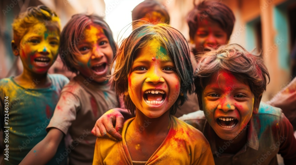 Group of kids having fun at Holi color festival in India. Party of young people having fun at Holi colors celebration in Asia. Holi color festival concept. Laughing children covered in colorful powder
