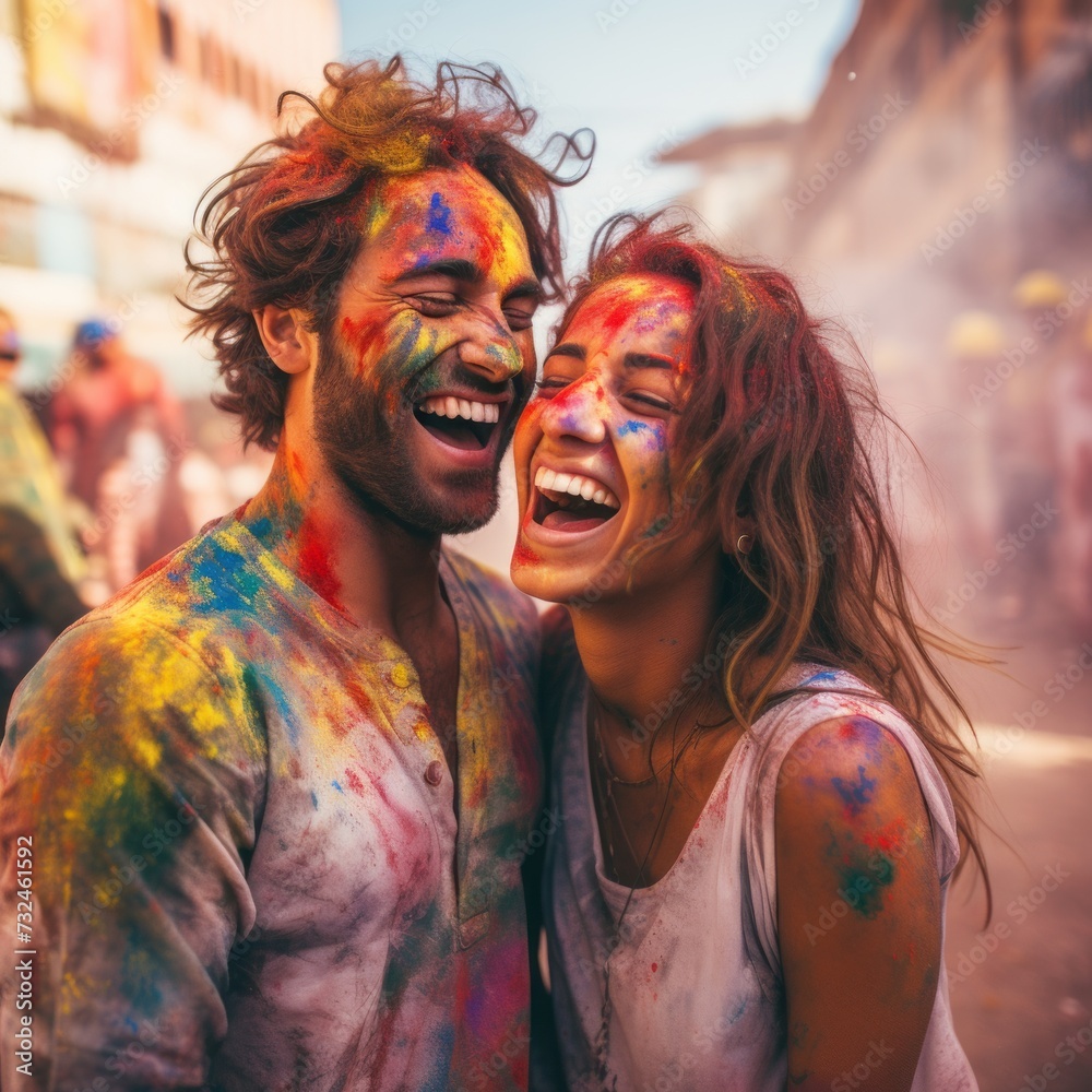 Portrait of a Happy young couple at the Holi color festival in India. Beautiful couple covered in bright powder at Holi colors celebration. Laughing lovely pair covered in vivid powder. Portrait of a Happy young couple at the Holi color festival in India. Beautiful couple covered in bright powder at Holi colors celebration. Laughing lovely pair covered in vivid powder.