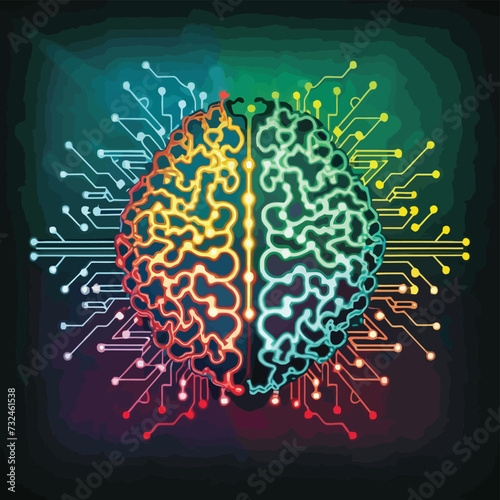 illustrations vector Human brain, technology, neural development, artificial intelligence, and human mind development

