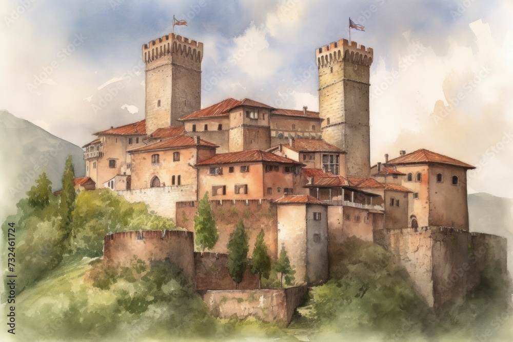 AI generated illustration of a watercolor painting of a medieval castle on a hill