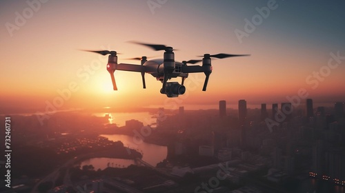 AI generated illustration of a drone in the air with a stunning sunset and cityscape on background © Wirestock