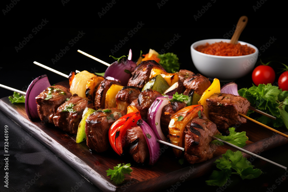 Grilled beef skewers with vegetables and spices on dark background