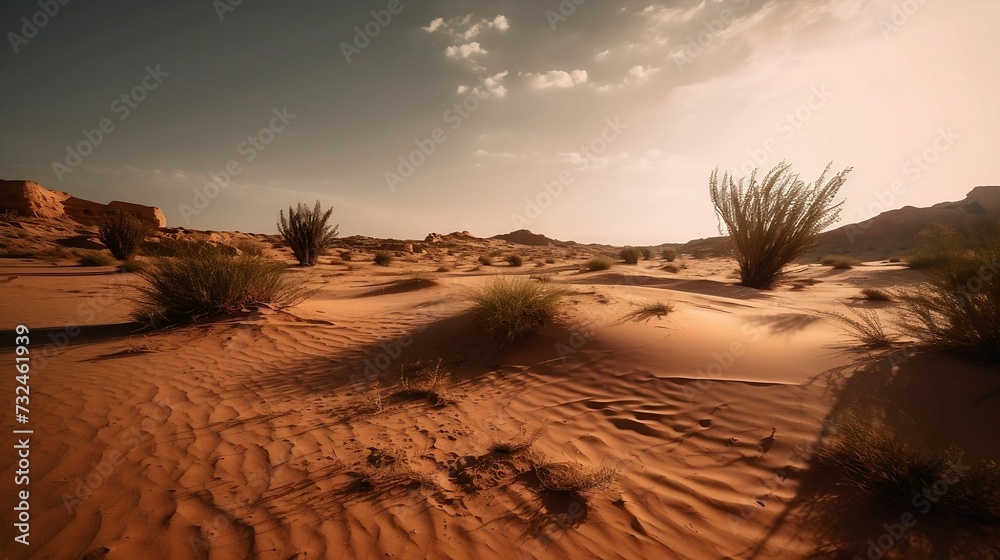 AI-generated illustration of a tranquil desert at sunset.