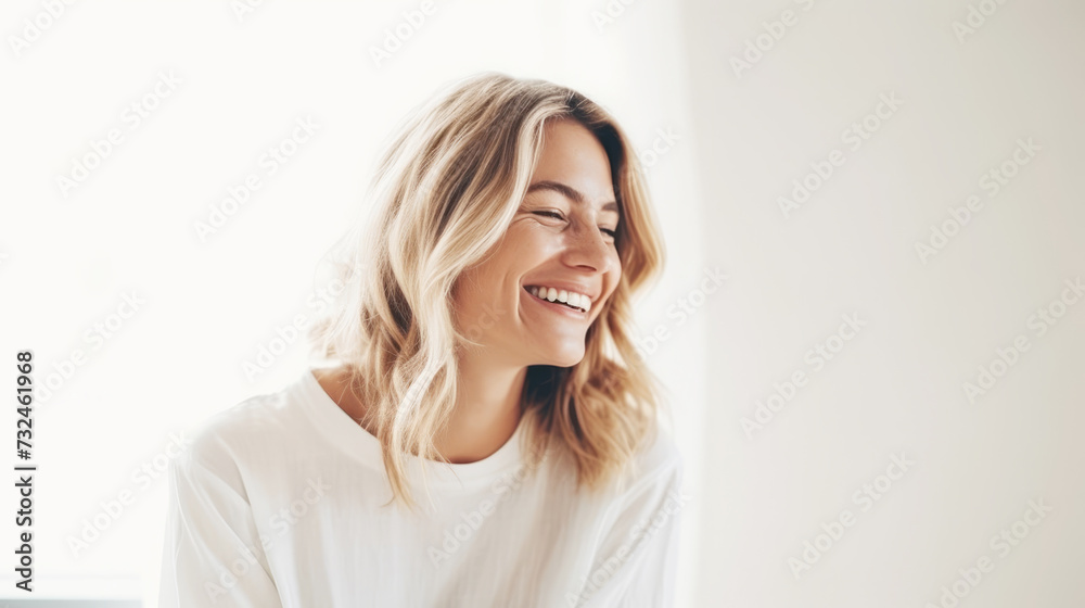 Radiant young woman with a joyful smile by the window in natural light Radiant young woman with a joyful smile by the window in natural light