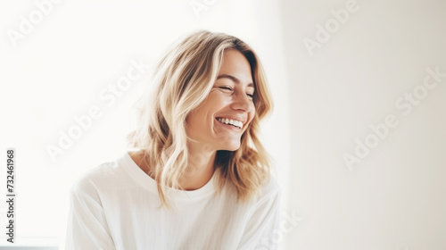 Radiant young woman with a joyful smile by the window in natural light