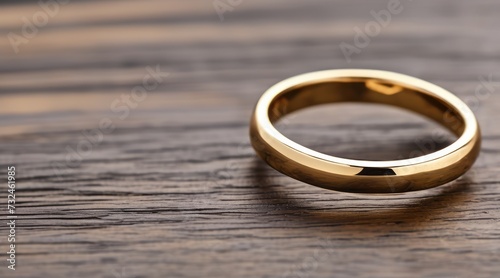 Gold ring on rustic wood table top with space for text
