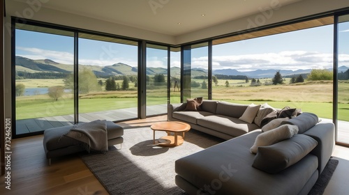 the view from inside the house  overlooking the mountains and grassy field