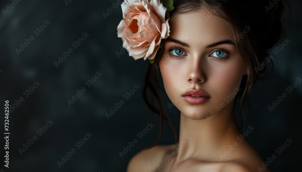 Young woman with beautiful eyes with a flower in her hair.	
