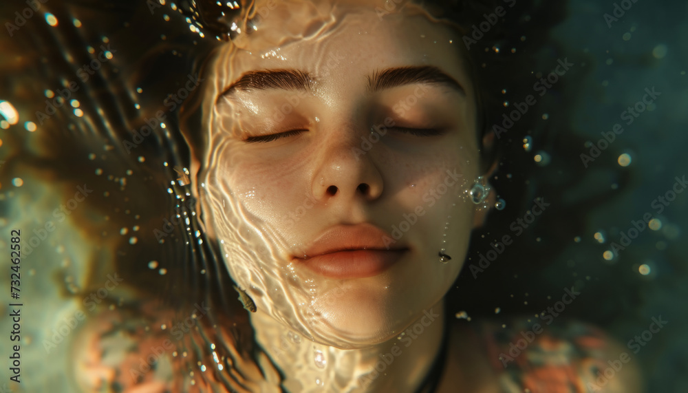 Sexual emotions of a girl with closed eyes in the water, close-up portrait of makeup and lips.