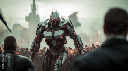 AI generated illustration of a robotic figure in a futuristic dark cityscape