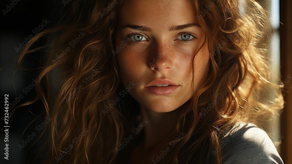 Naklejka premium A young woman with long, wavy hair looking into the camera standing near the window