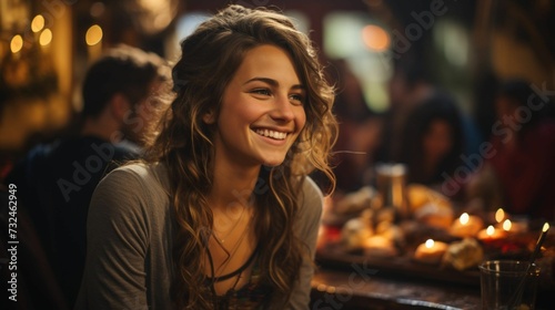 Joyful young woman smiling while surrounded by other people seated at a table, AI-generated.
