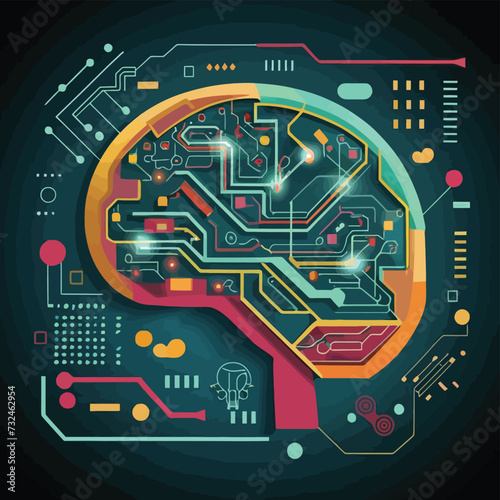 illustrations vector Human brain, technology, neural development, artificial intelligence, and human mind development
