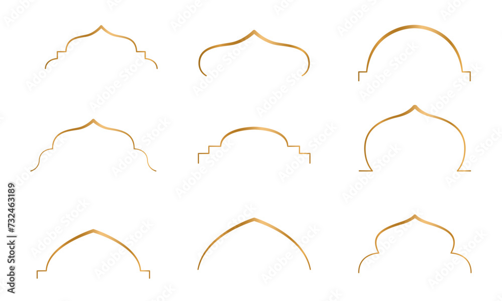 Line art Set of gold ornament arab windows and door. Vector illustration. Ramadan Kareem design element, invitation or card template. Arabic traditional architecture, beautiful arabesque motif pattern Line art Set of gold ornament arab windows and door. Vector illustration. Ramadan Kareem design element, invitation or card template. Arabic traditional architecture, beautiful arabesque motif pattern