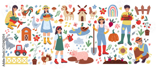 House farm. Cute gardener. Happy agriculture worker. Care of domestic animals. Farmers grow vegetables. Sheep and pig. organic products. Home garden. Village barn and mill. Vector farming elements set
