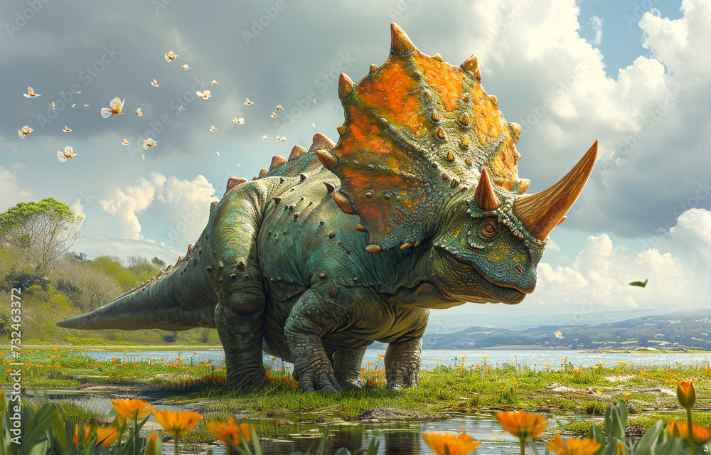 Fototapeta premium Dinosaur on the background of forest.