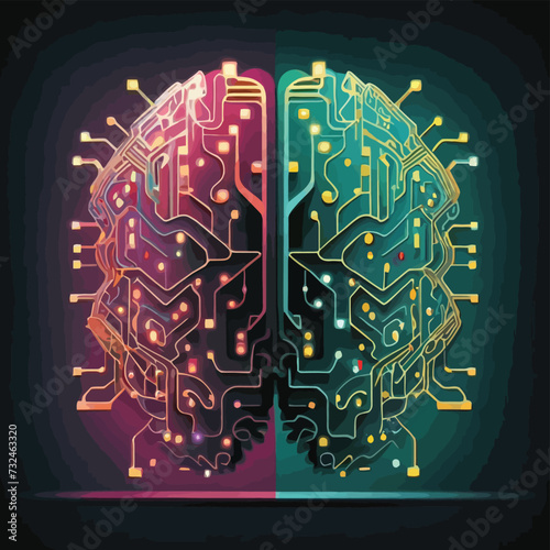 illustrations vector Human brain, technology, neural development, artificial intelligence, and human mind development
