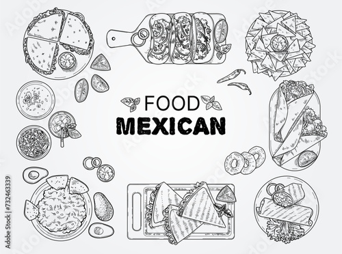 Mexican food. Tacos and burritos sketch. Street meal. Hand drawn nachos and quesadilla pieces. Soda glass. Tortilla with sauce avocado. Spicy cuisine. Eating label. Vector black and white illustration