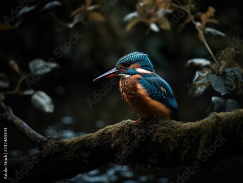 AI generated illustration of a kingfisher perched on a branch © Wirestock