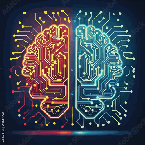 illustrations vector Human brain, technology, neural development, artificial intelligence, and human mind development
