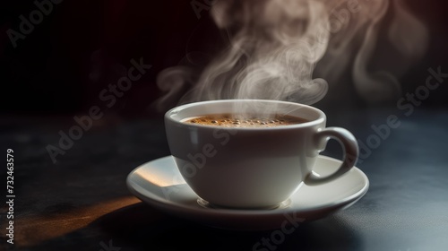 AI generated illustration of A steaming cup of coffee is served on a white mug