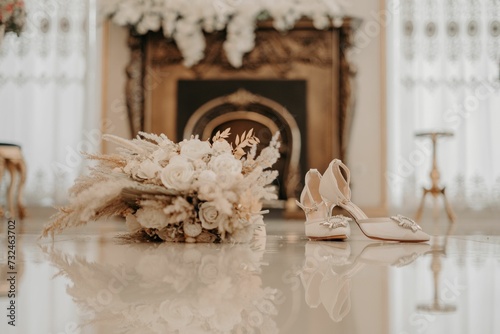 Fotografija Elegant bouquet of white roses with a pair of stylish bridal shoes