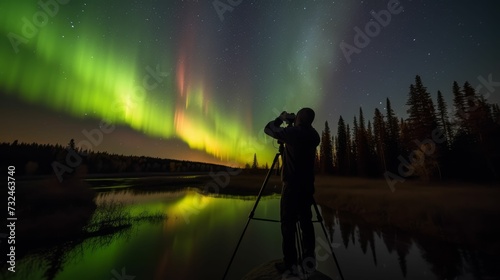 AI-generated illustration of a professional photographer capturing the stunning aurora borealis.