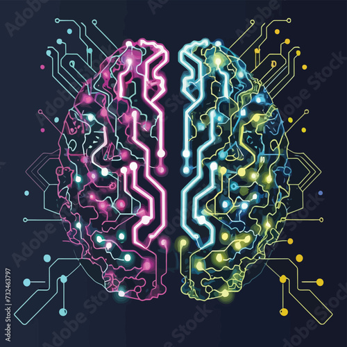 illustrations vector Human brain, technology, neural development, artificial intelligence, and human mind development
